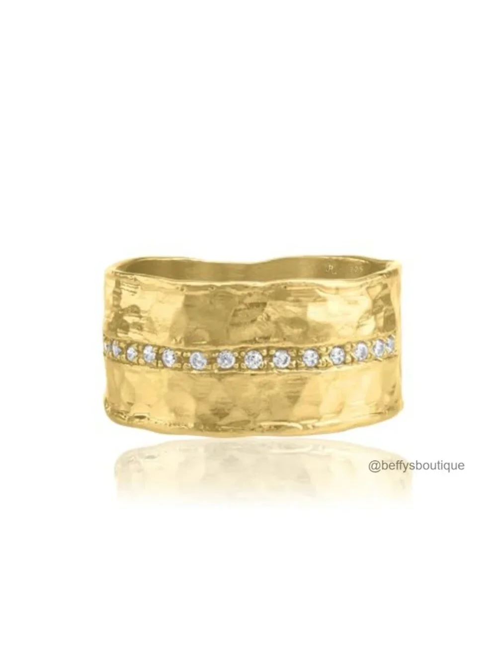 14K Gold Plated Sterling Silver CZ Vintage Half Eternity Band Ring, Hammered